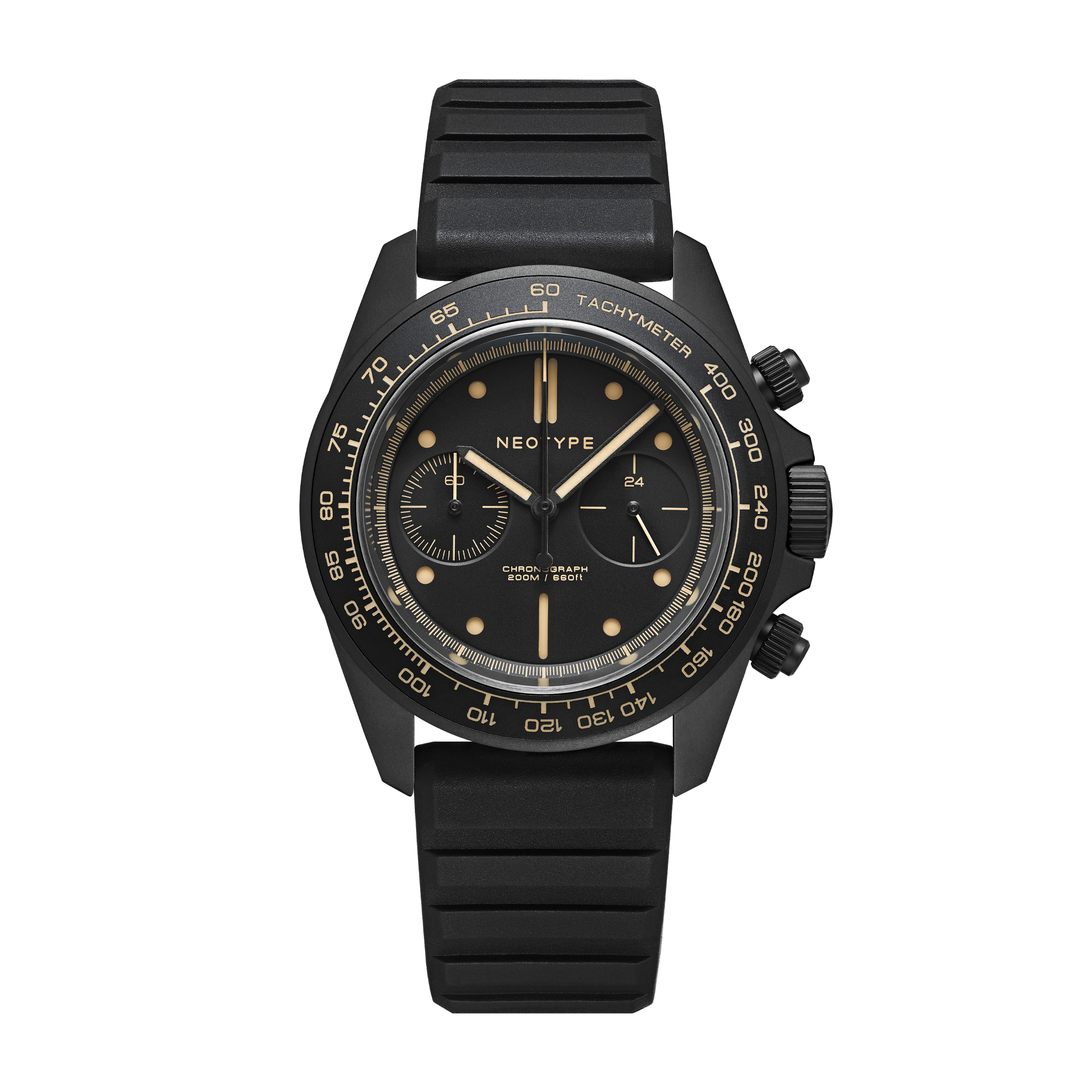 Montre chronographe Neotype Watches en PVD noir avec cadran noir et détails Old Radium, vue de face, présentant un design élégant et intemporel.