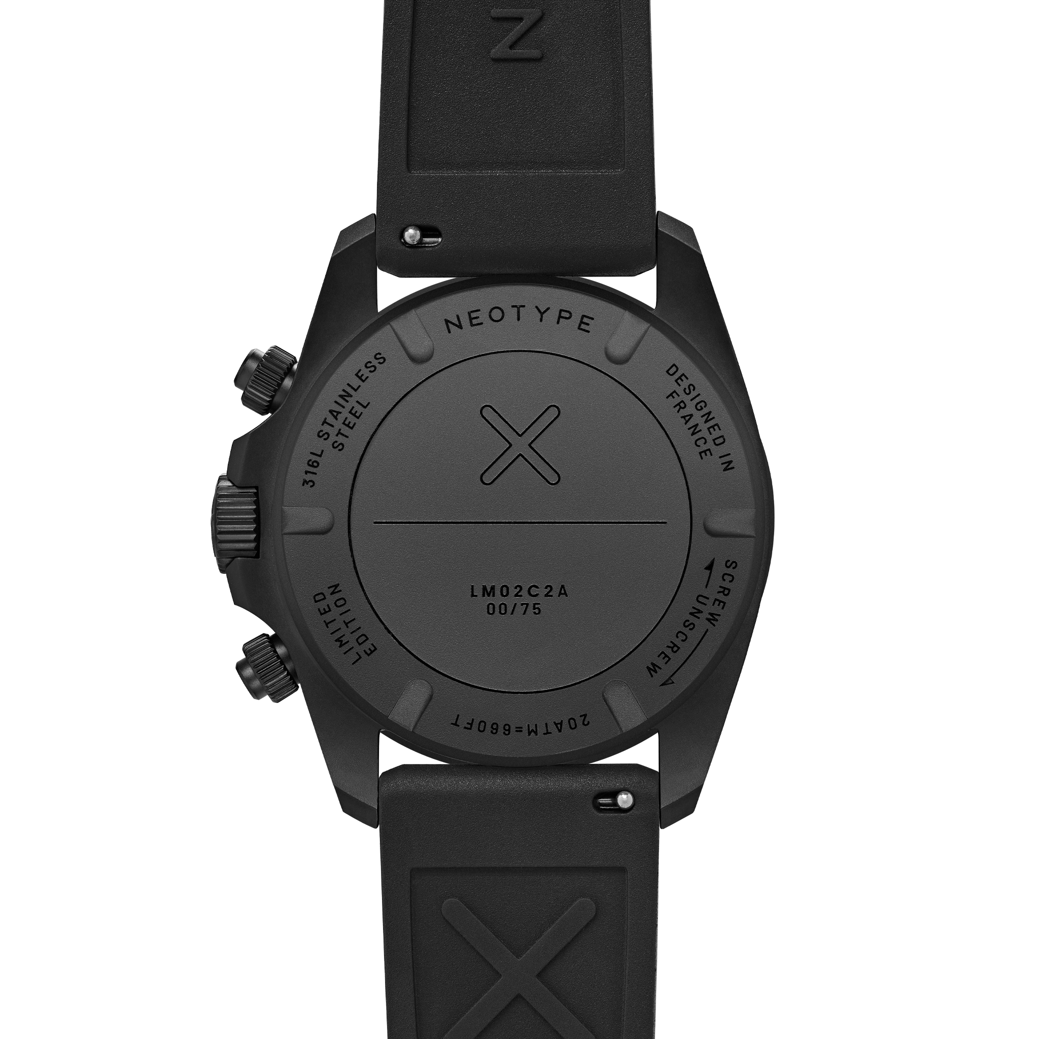 Dos de la Montre chronographe Neotype Watches en PVD noir, montrant les détails des gravures et la robustesse du boîtier.