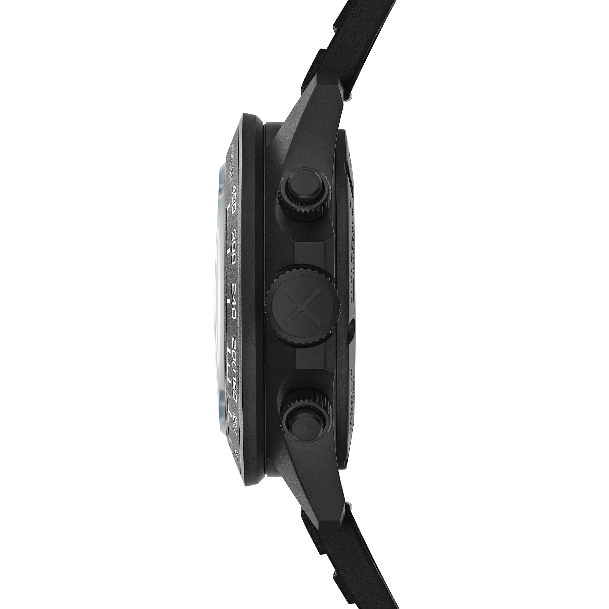 Vue latérale de la Montre chronographe Neotype Watches en PVD noir, révélant son profil élégant et ses lignes épurées.