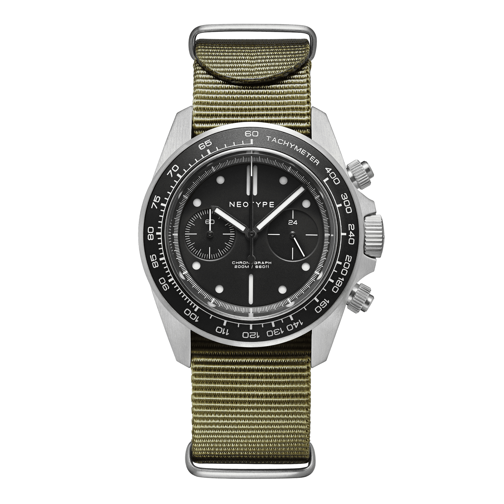 Montre chronographe Neotype Watches avec cadran noir et bracelet NATO, présentée de face pour un style résolument masculin et élégant.