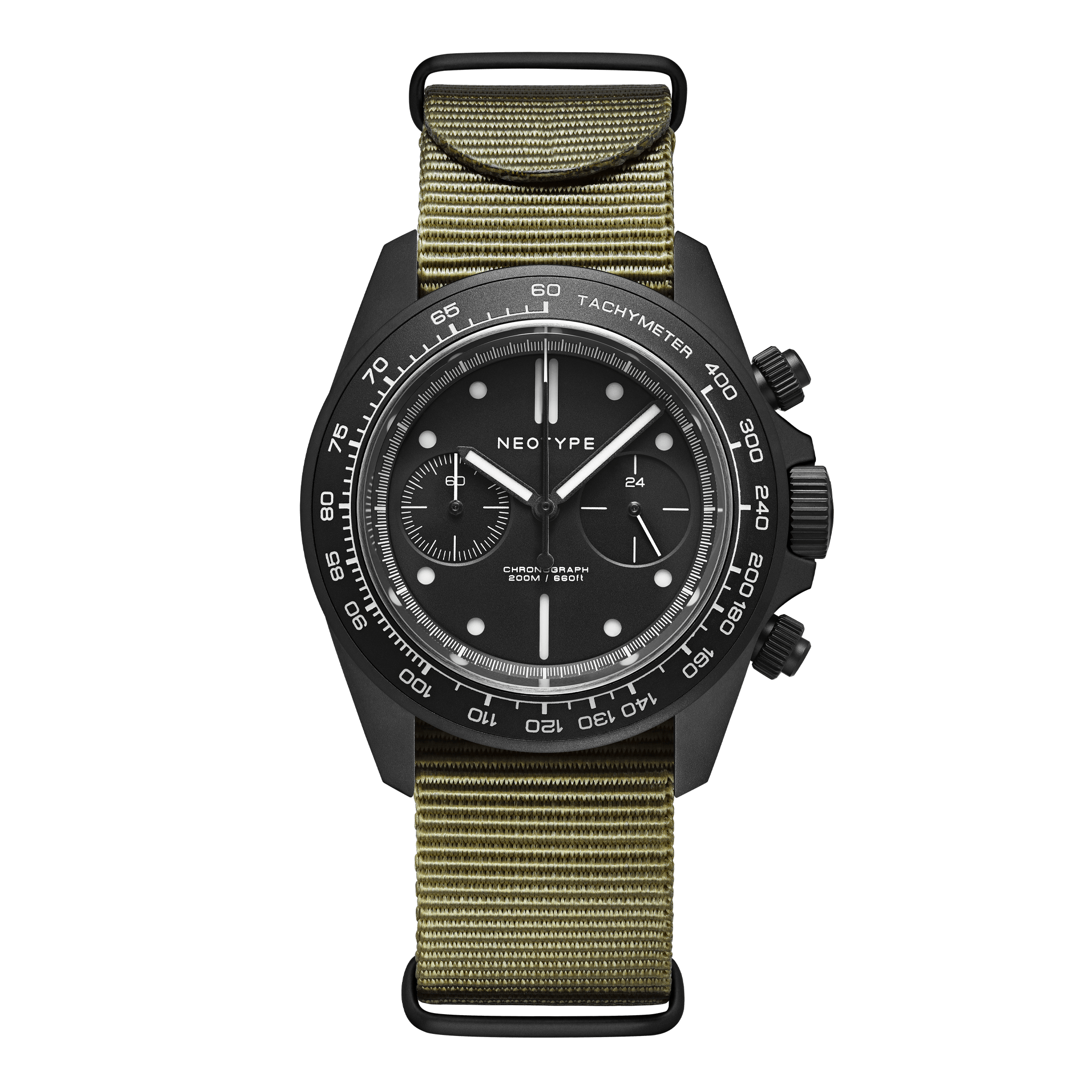 Montre chronographe Neotype Watches en PVD noir avec bracelet NATO, vue de face, offrant une alternative robuste et stylée.