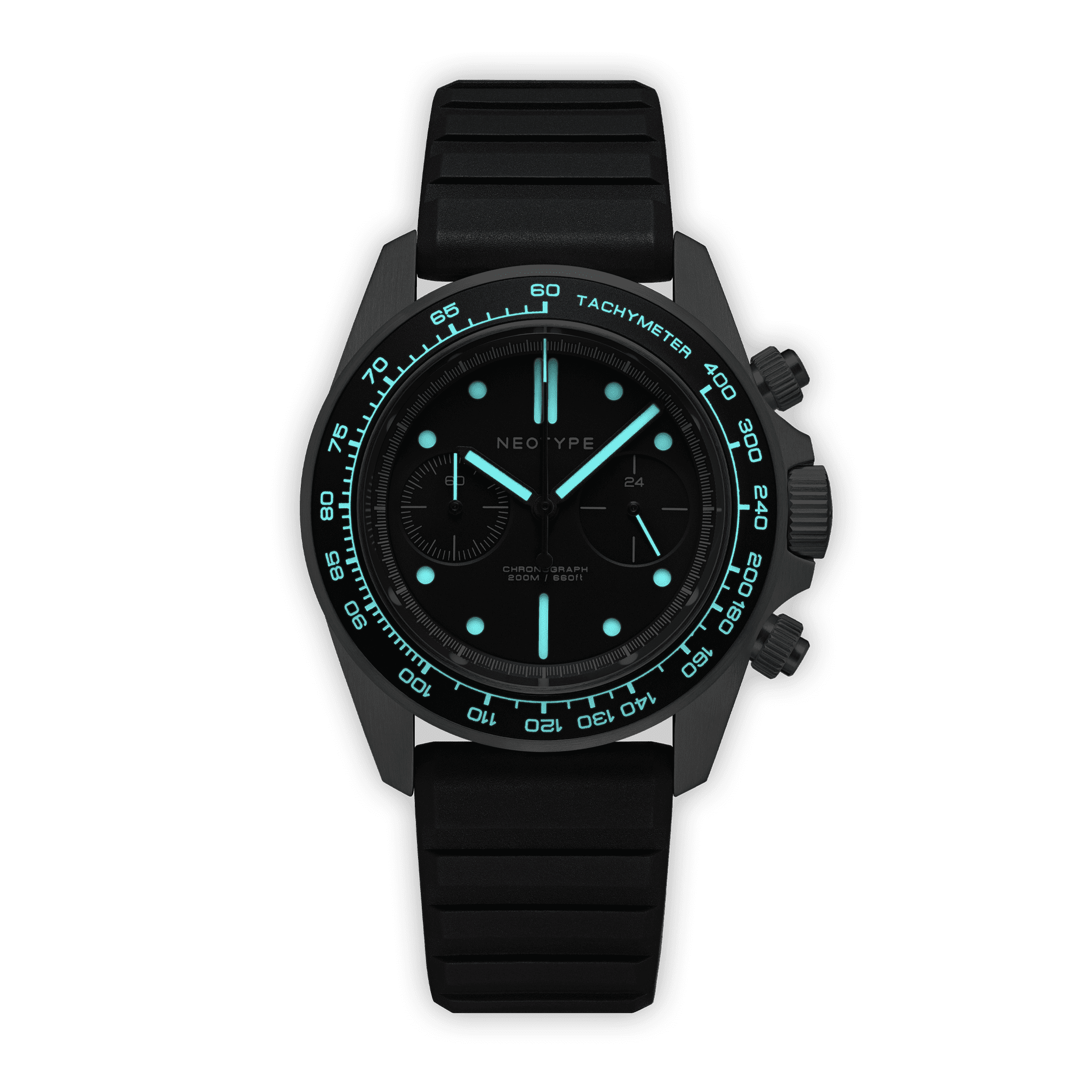 Montre chronographe Neotype Watches pour homme avec bracelet en caoutchouc FKM, vue de face, offrant une grande fiabilité et une finition moderne.