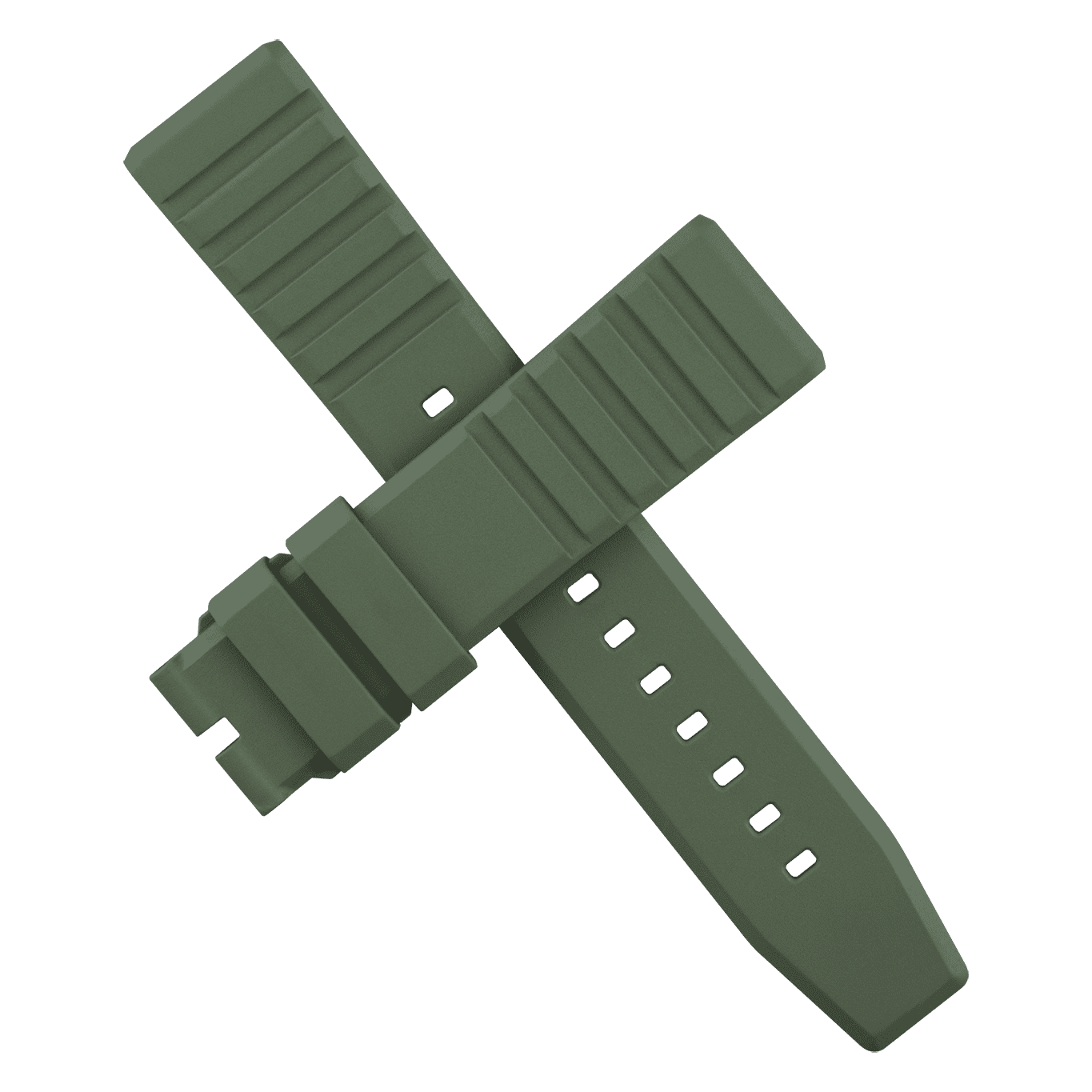 Bracelet FKM de Neotype Watches en caoutchouc fluocarboné vert, affichant une texture lisse et résistante, présenté sur fond blanc.