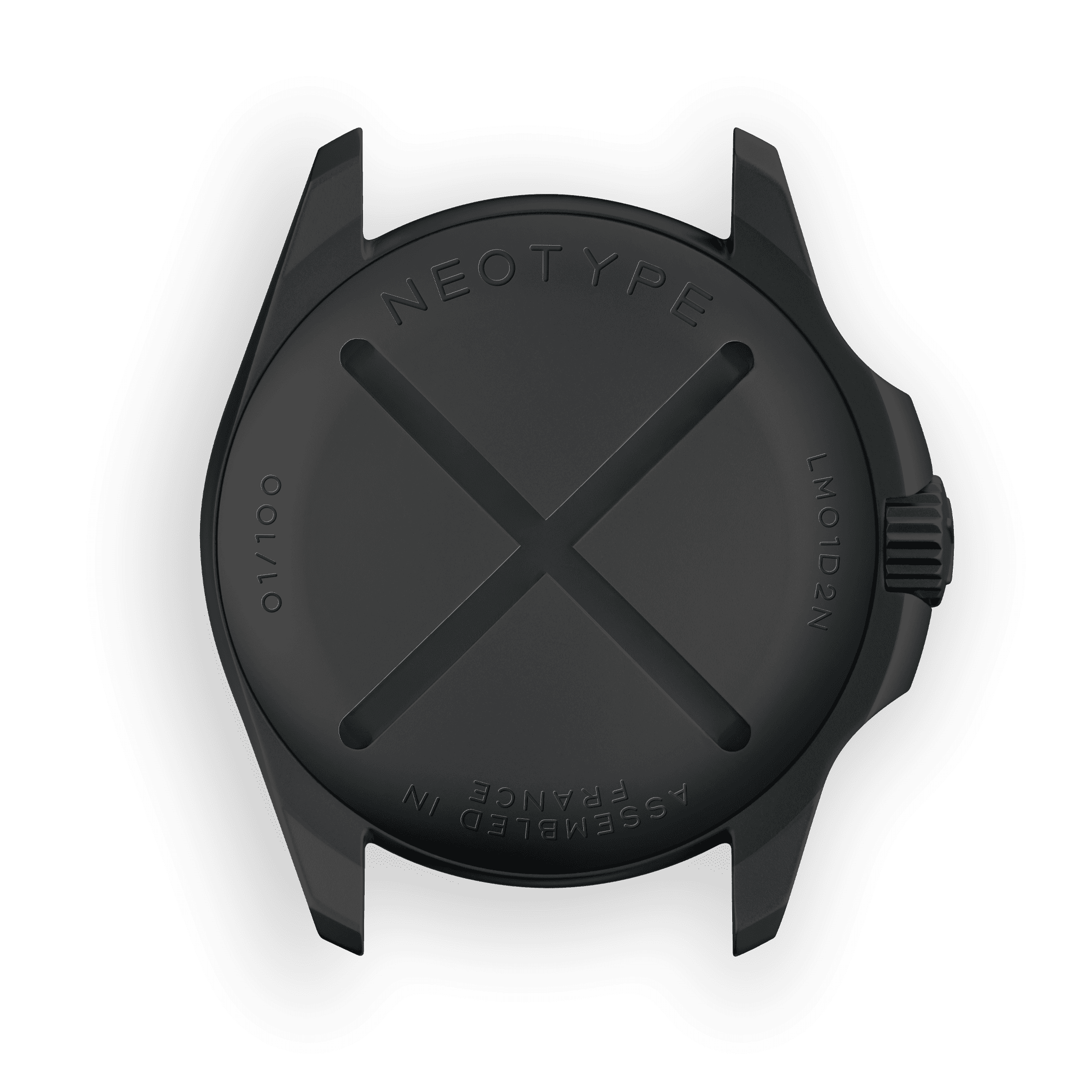 Dos de la Montre de plongée Neotype Watches en acier PVD noir, montrant le mécanisme et les détails de fabrication soigneusement travaillés.