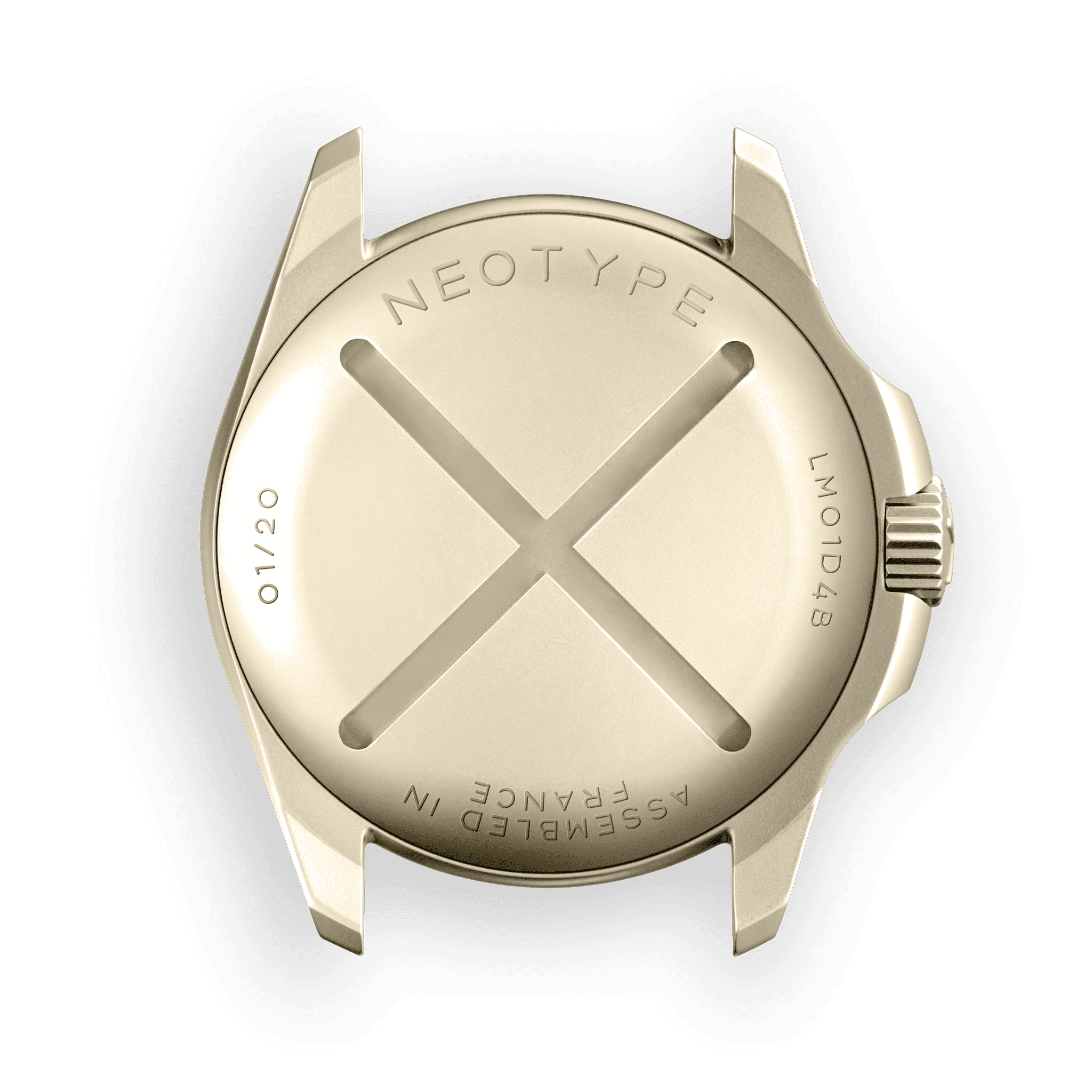 Dos de la Montre de plongée Neotype Watches en acier PVD or, montrant le mécanisme et les détails de fabrication de haute qualité.