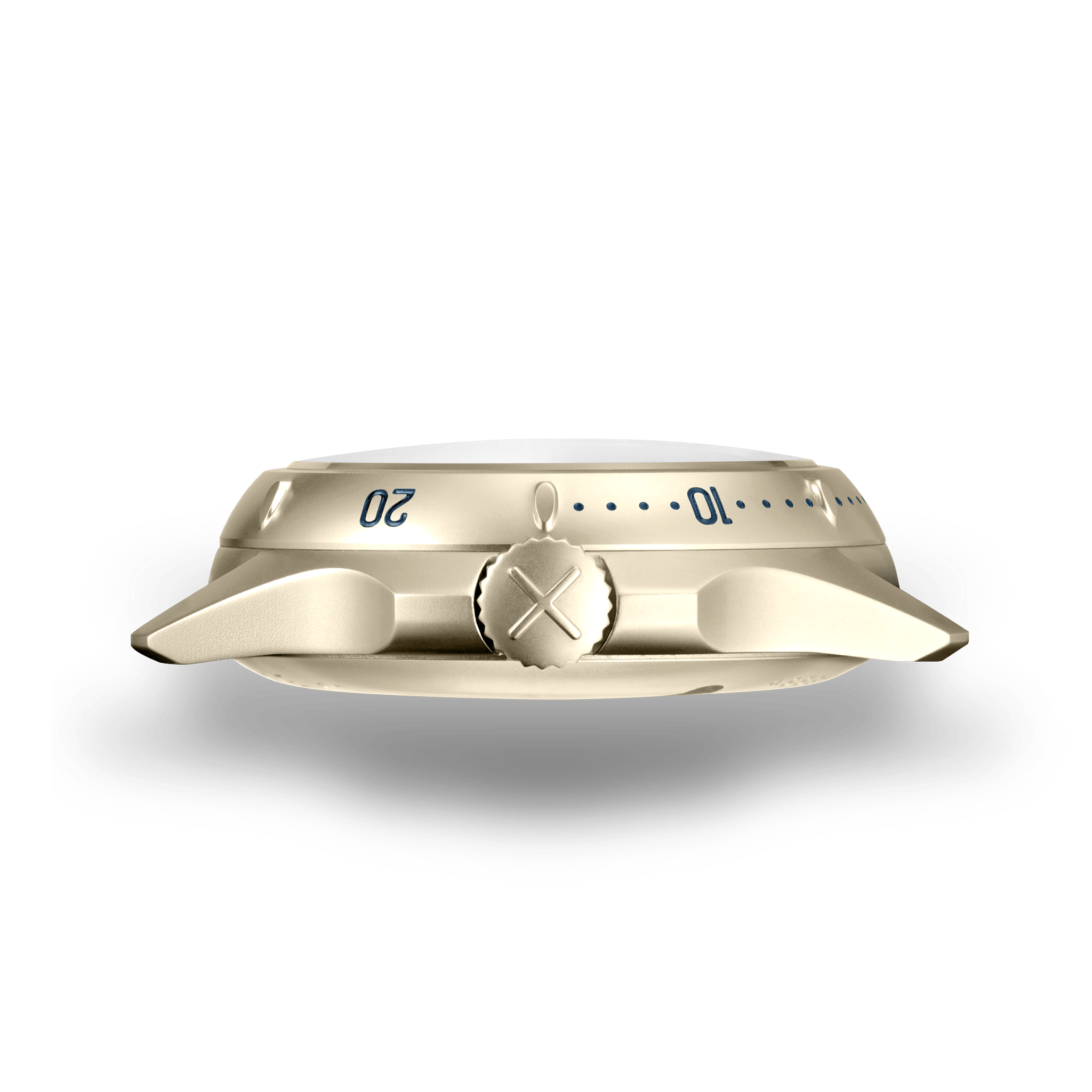 Profil de la Montre de plongée Neotype Watches en acier PVD or, mettant en évidence son épaisseur et son design distinctif.
