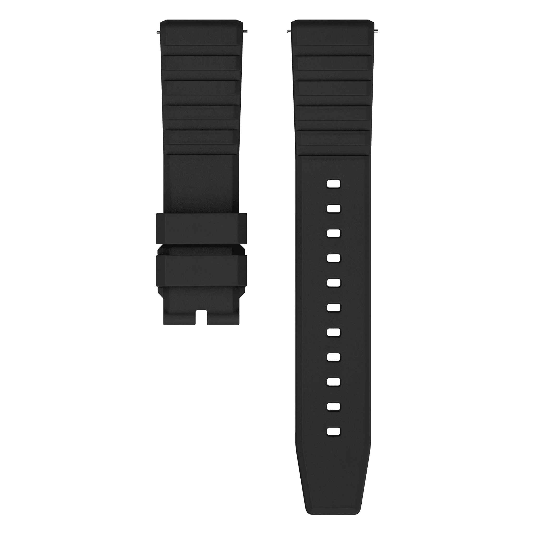 Bracelet FKM de Neotype Watches en caoutchouc fluocarboné noir, mis en avant avec un fond neutre, accentuant la qualité supérieure du matériau et son design ergonomique.