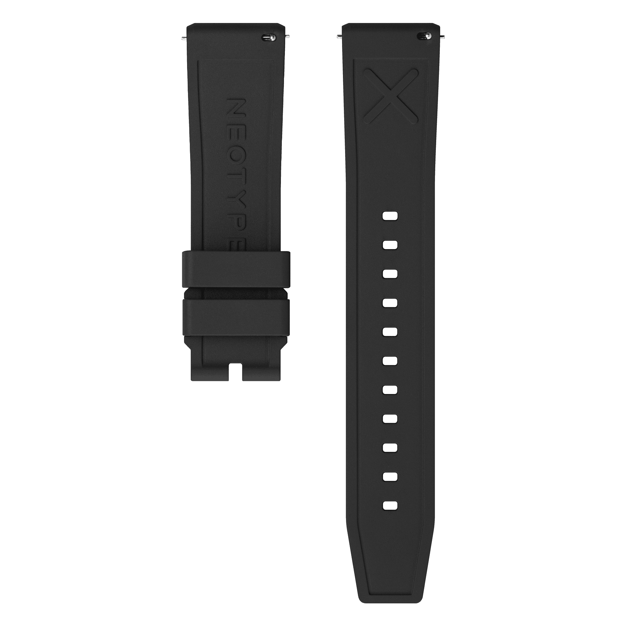 Bracelet en caoutchouc fluocarboné noir, présenté avec un emballage et un arrière-plan clair, illustrant la qualité et la souplesse du produit.