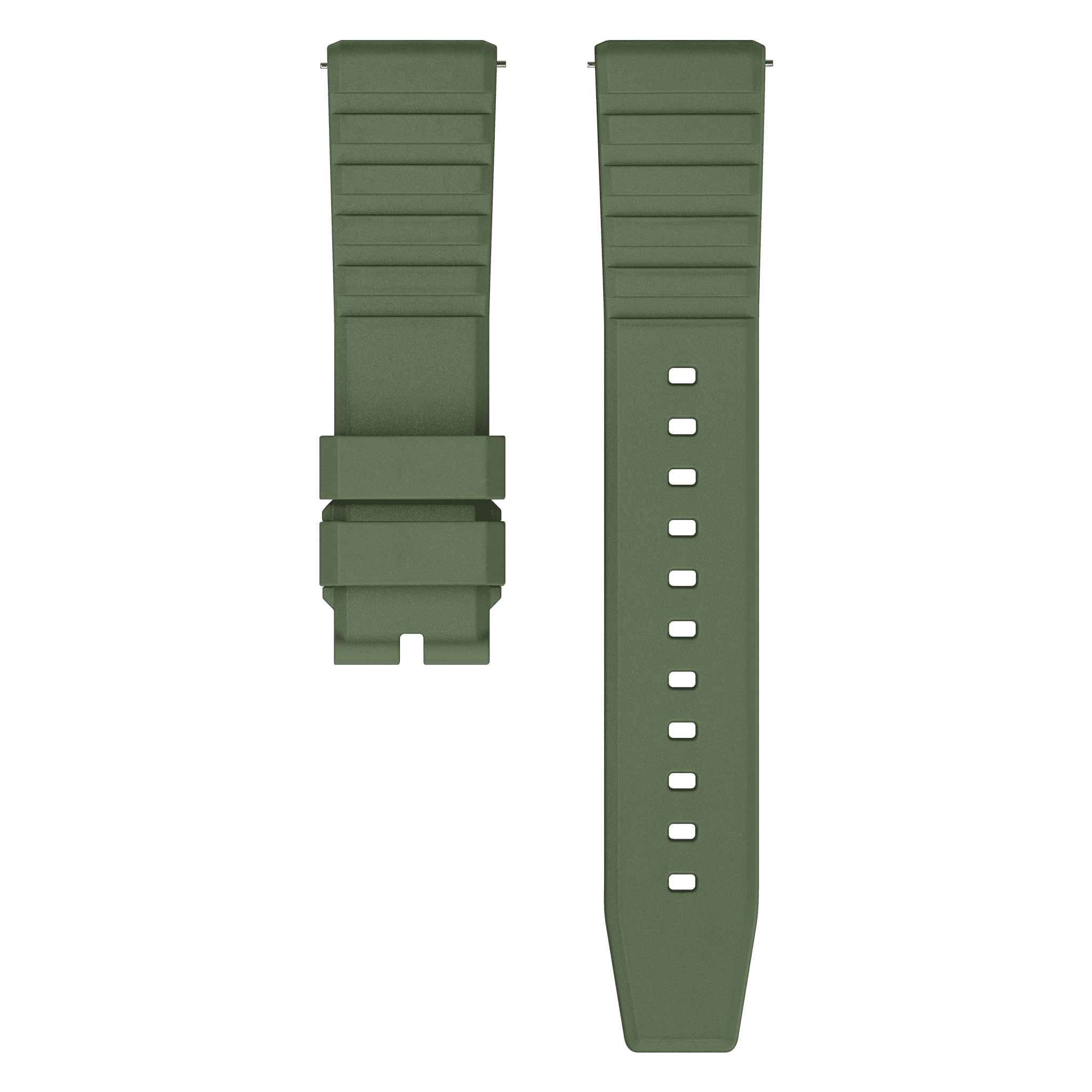 Bracelet FKM de Neotype Watches en caoutchouc fluocarboné vert, présenté avec un emballage soigné, mettant en avant son allure minimaliste et moderne.
