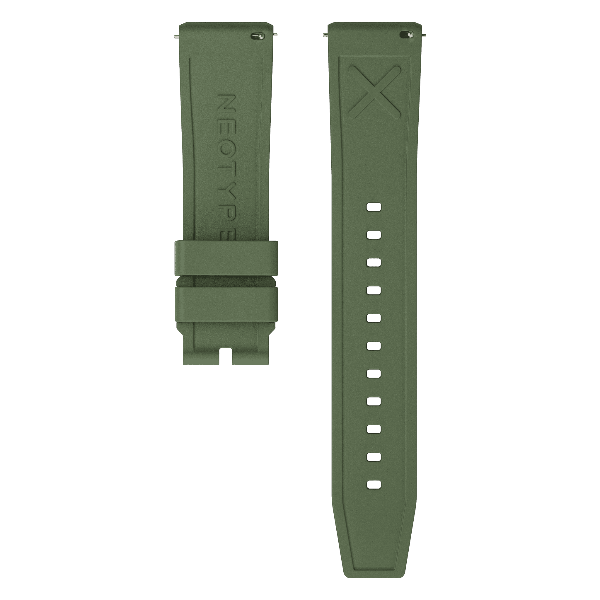 Illustration technique du Bracelet FKM de Neotype Watches en caoutchouc fluocarboné vert, montrant ses dimensions et caractéristiques, accompagnée d'annotations explicatives sur fond blanc.