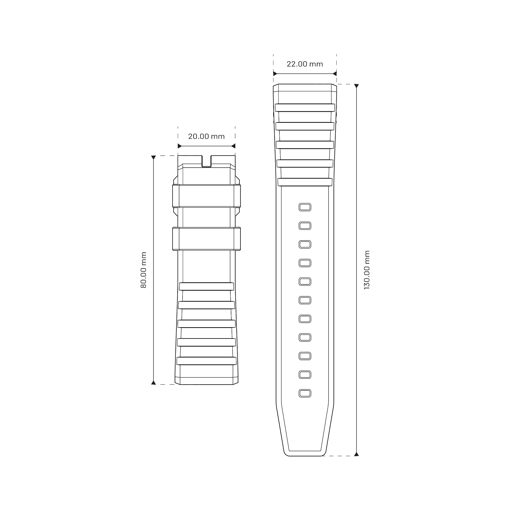 Illustration schématique des dimensions et de la structure du Bracelet FKM de Neotype Watches, offrant un aperçu de ses spécificités.