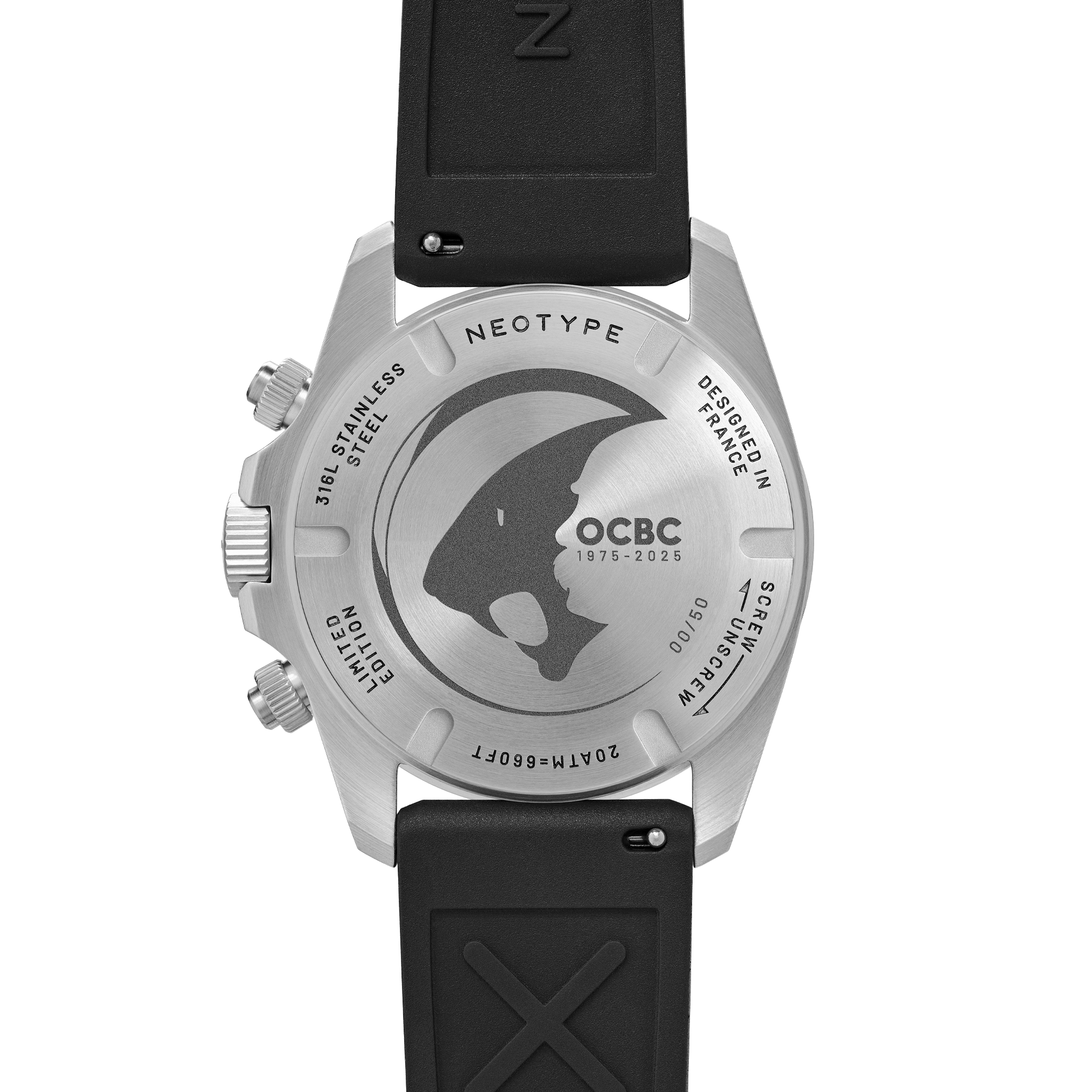 Dos de la Montre chronographe Neotype Watches en acier, affichant le mécanisme et les éléments de construction soignés.