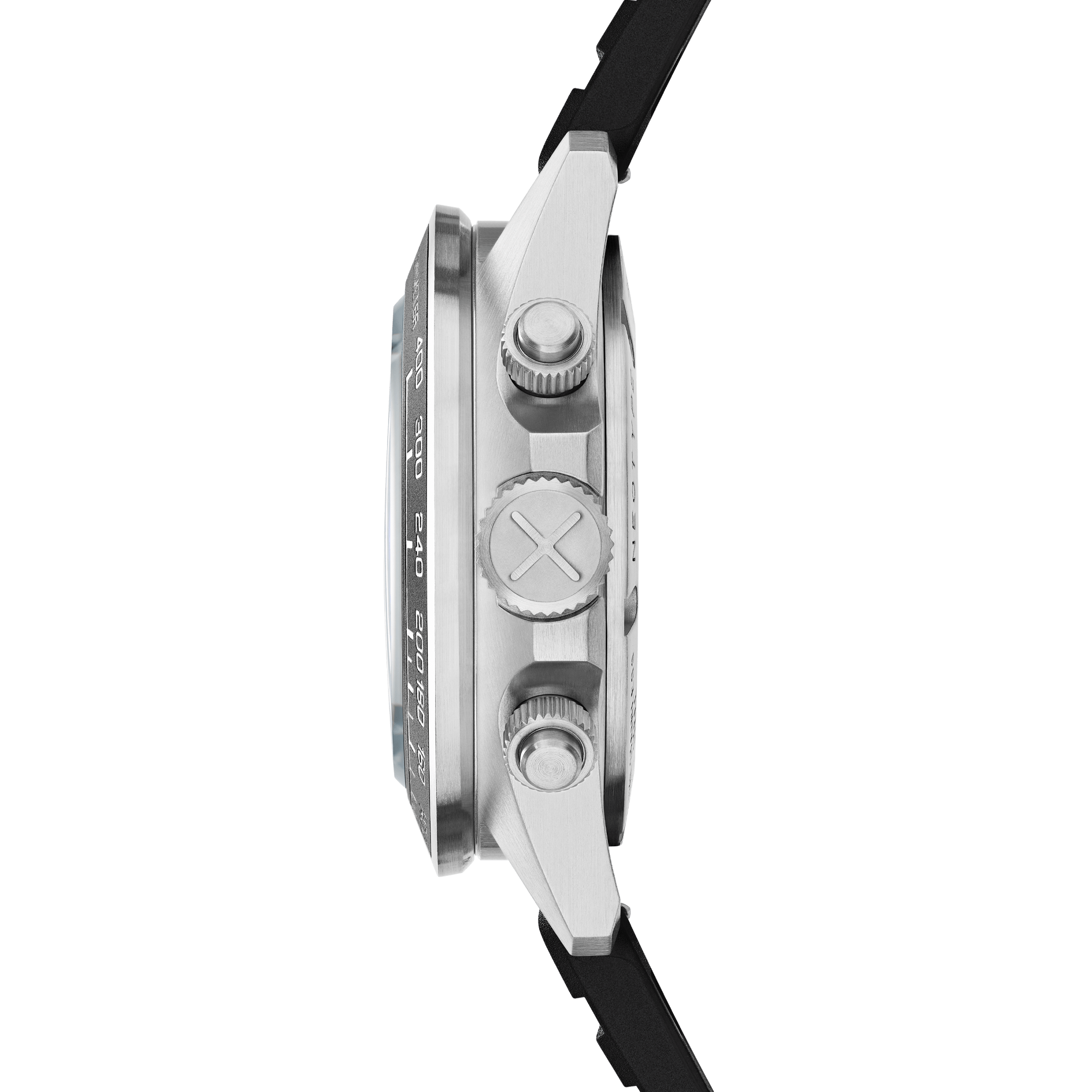 Vue latérale de la Montre chronographe Neotype Watches en acier, révélant son profil épuré et sa robustesse.